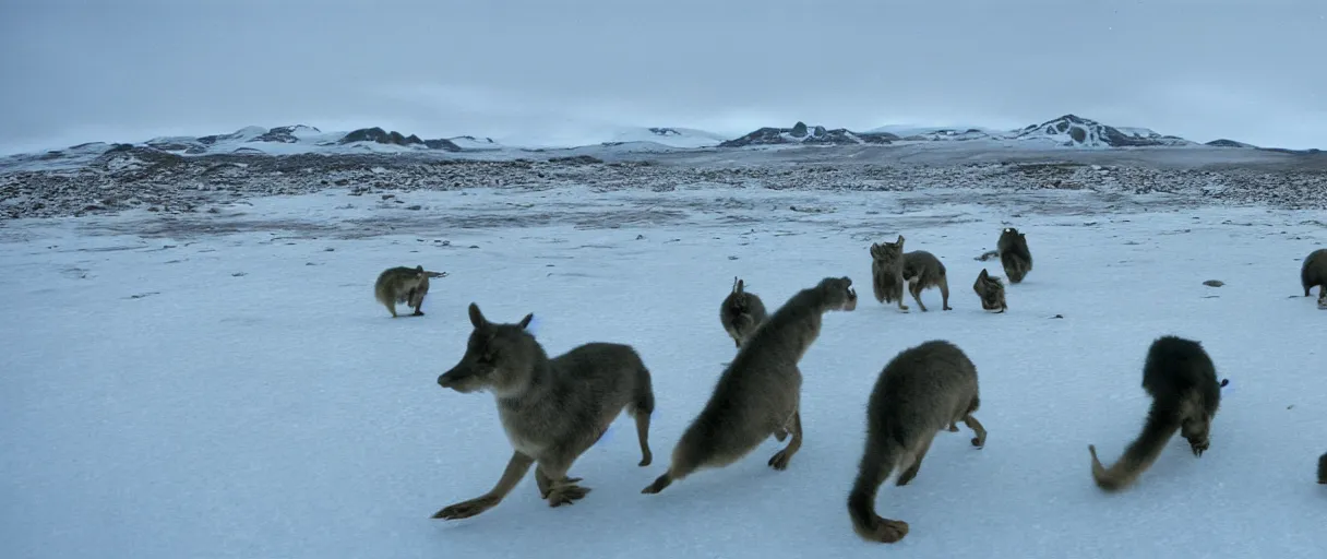 Image similar to filmic extreme wide shot movie still 4 k uhd interior 3 5 mm film color photograph of a bunch of creatures running around mcmurdo station in antartica