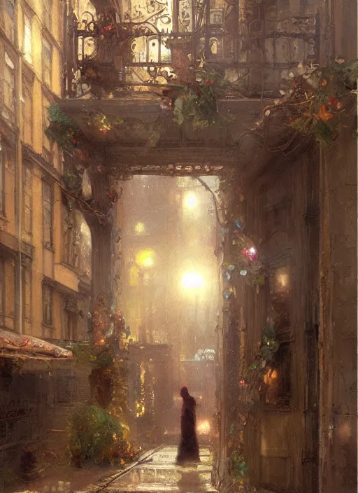 Image similar to wreath on new york apartment building door, artwork by gaston bussiere, craig mullins, trending on artstation