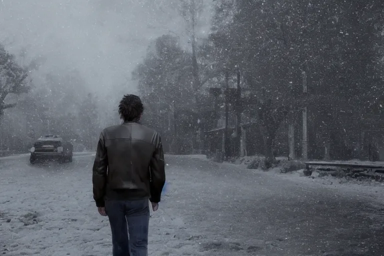 Image similar to movie shot of young man from back pacing lowering head dressed in short leather bomber jacket to empty narrow alley with street lamps in park with pines to the horizon, with hands in pockets, snowfall at night, mullet long haircut, black hairs, cinematic, dramatic, detailed, realistic, movie shot, low greenish lighting