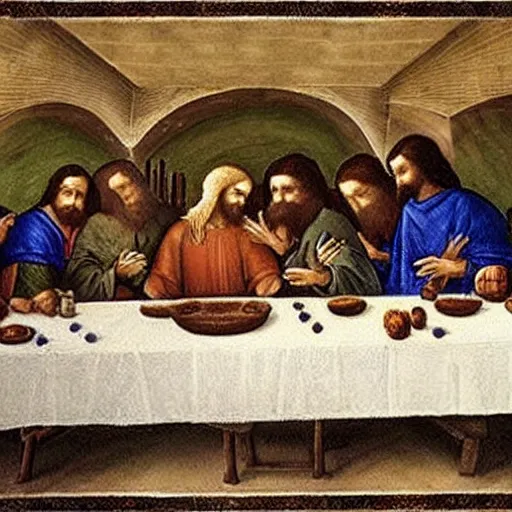 Prompt: jesus and some cats trade pokemon cards in davinci's last supper