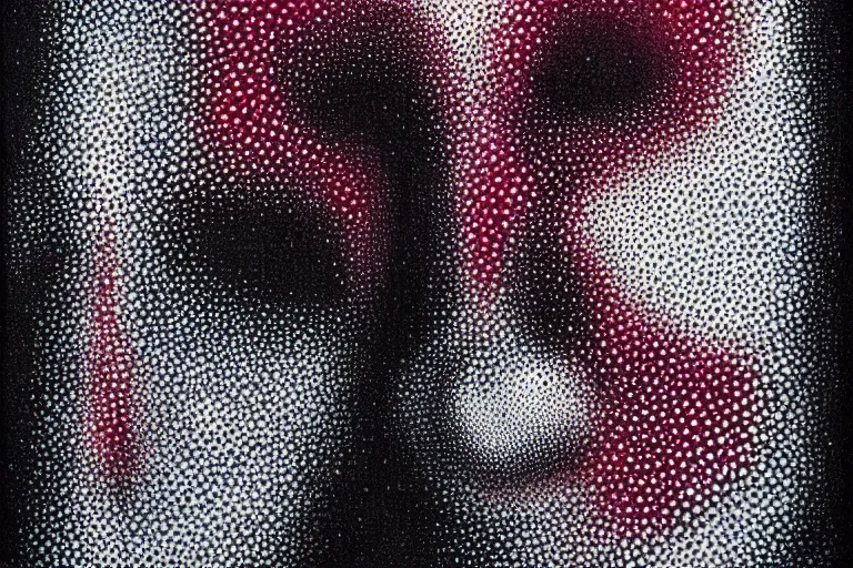 Image similar to face made out of mist, faceless people dark, dots, drip, stipple, pointillism, technical, abstract, minimal, style of francis bacon, asymmetry, pulled apart, cloak, hooded figure, made of dots, abstract, balaclava