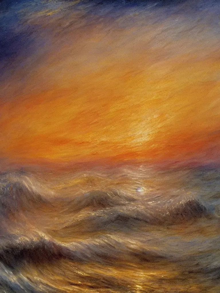 Image similar to a painting of beautiful waves in a colorful ocean during a breathtakingly misty sunset in the style of Joseph Mallord William Turner, artstudio, light oil color scheme