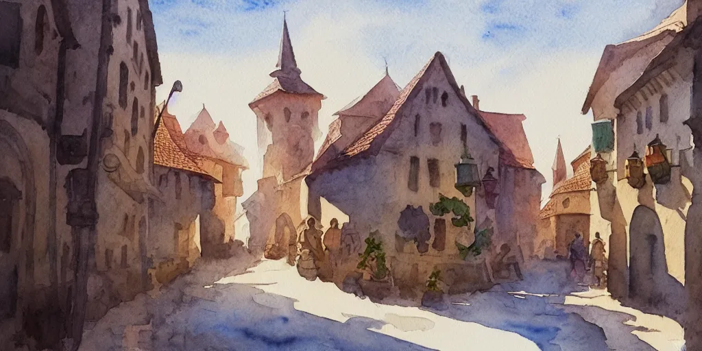 Prompt: medieval town, summer morning light, watercolor painting, trending on artstation