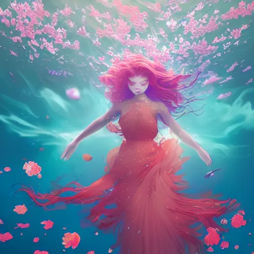 Prompt: Ginger woman in a swirling sundress of flowers, underwater, floral explosion, radiant light, vortex of plum petals, by WLOP, Hasui Kawase and artgerm, artstation, deviantart