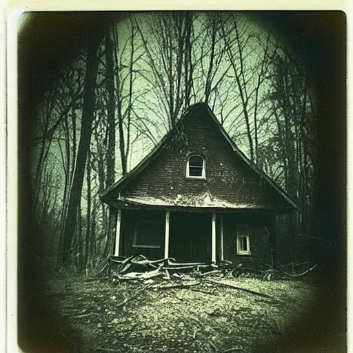 Image similar to a broken down, abandoned house in the middle of a dark forest, scary, grotesque, old photo, polaroid