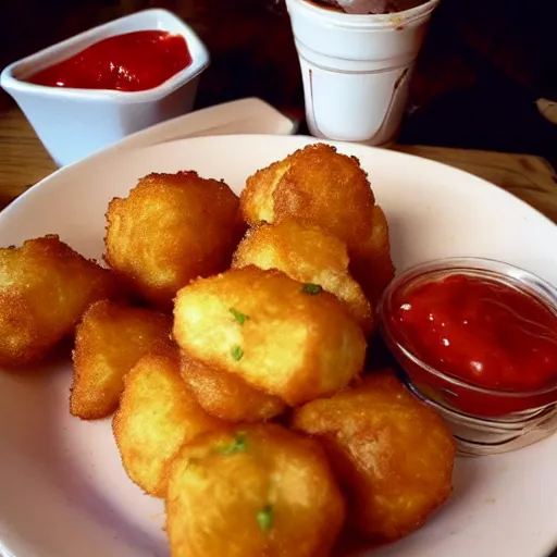 Image similar to food photo of channing tatum's face as giant tater tot on a plate with ketchup