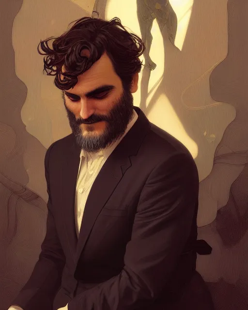 Image similar to painting of joaquin phoenix, decorated, intricate, elegant, highly detailed, digital painting, artstation, concept art, smooth, sharp focus, illustration, art by artgerm and greg rutkowski and alphonse mucha, 8 k