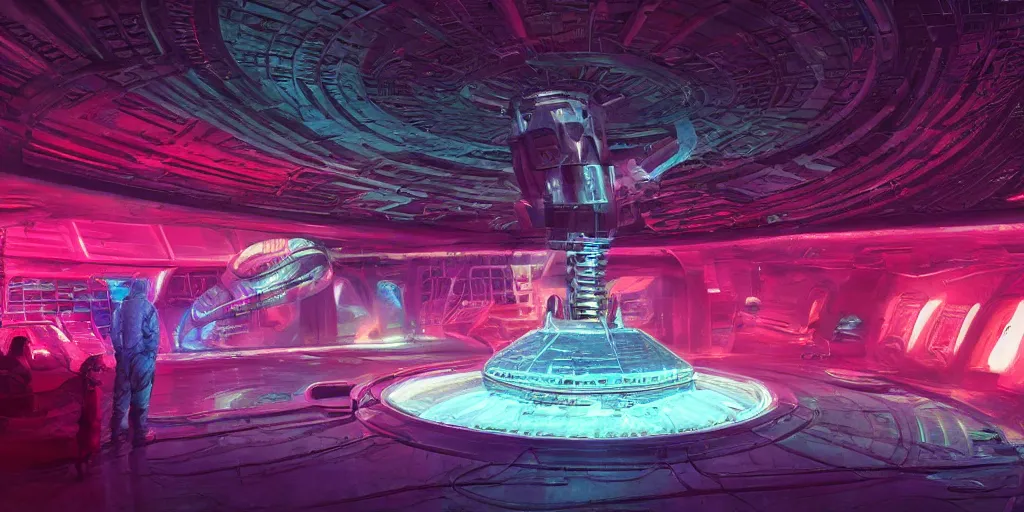 Image similar to The interior of the mothership from 'Close Encounters of the Third Kind', soft neon lights, bright colors, cinematic, smooth, chrome, dramatic, fantasy, high contrast, epic composition, sci-fi, dreamlike, surreal, 8k, unreal engine, hyper realistic, fantasy concept art, XF IQ4, 150MP, 25mm, F1.4, ISO 200, 1/160s, natural light, Adobe Lightroom, photolab, Affinity Photo, PhotoDirector 365