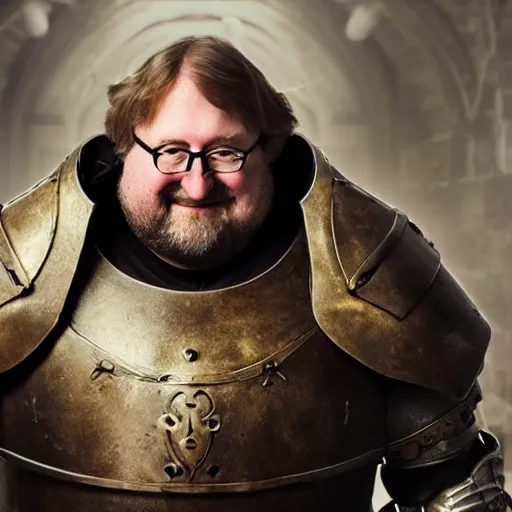 Image similar to gabe newell in a full futuristic medieval armor, cinematic still, 8 k