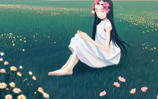 Image similar to little girl with her long black hair dressed in a simple white dress laying down on a flowery field, anime art style, digital art by ilya kuvshinov, inspired by balthus, hd, 4 k, hyper detailed, rear view