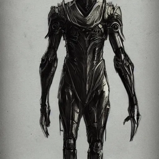 Image similar to concept art, long thin legs, large shoulders, concept design, sketch, male, science fiction suit, helmet, arthur rackham, trending on artstation