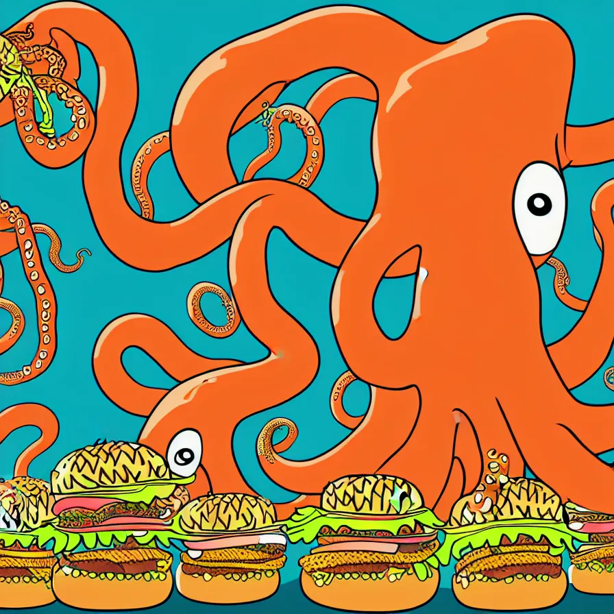 Image similar to ultra detailed artistic illustration of a giant octopus holding many burgers, tentacles wrapped around burgers, vector art, artstation, 8 k