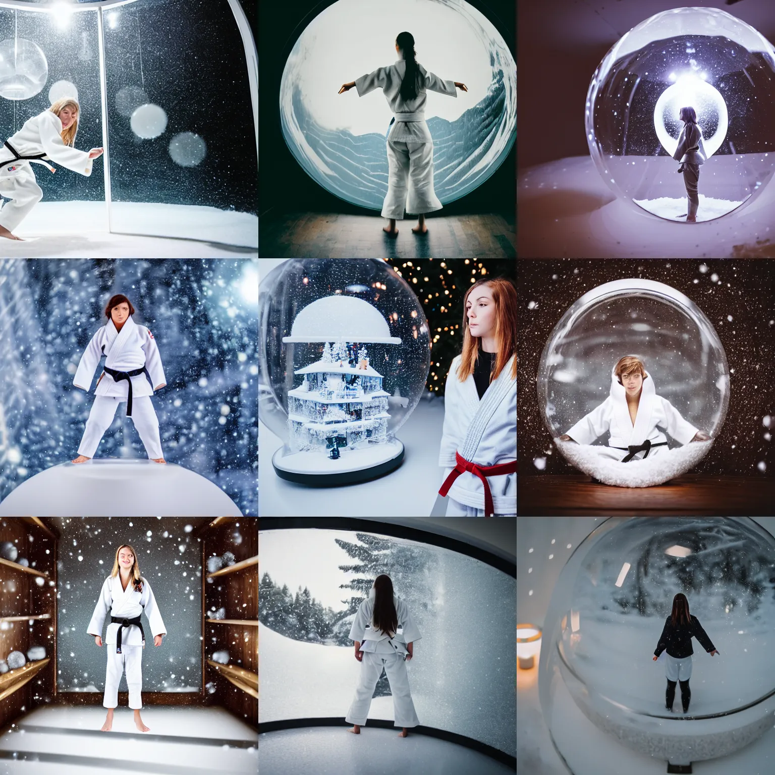 Prompt: Young white judo woman wearing a white gi, standing inside a giant snowglobe on a shelf, looking out, macro photography