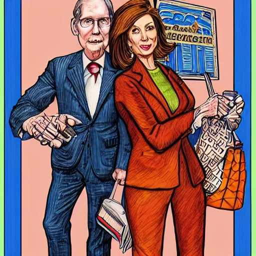 Image similar to The Artwork of R. Crumb and his Cheap Suit Mitch McConnell and Nancy Pelosi, pencil and colored marker artwork, trailer-trash lifestyle