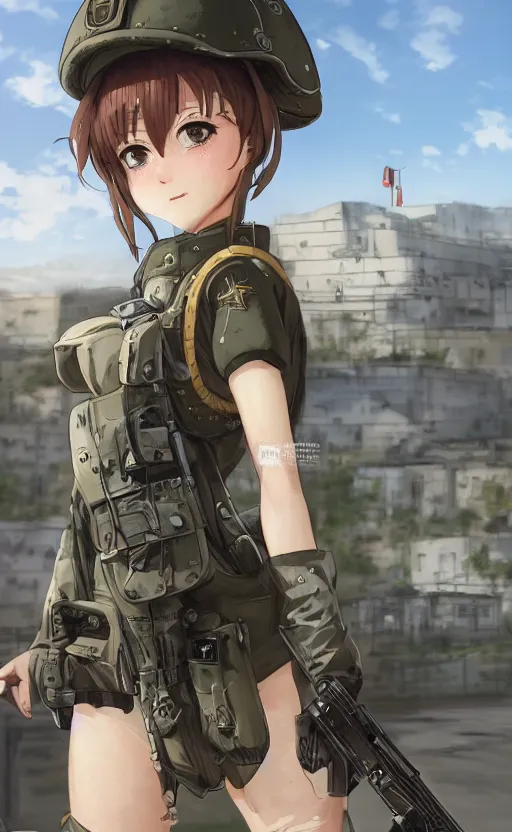 Image similar to portrait of a female soldier, highly detailed, high resolution, military camp in the background, genshin impact visual style, illustration, stunning, girls frontline style, bokeh soft, matte, 100mm, by professional photographer, hayao miyazaki, ilya kuvshinov, realistic human anatomy, realistic military carrier, modern warfare, realistic weapon, shot with a arriflex 35 ii, low saturation, small eyes, thick artline