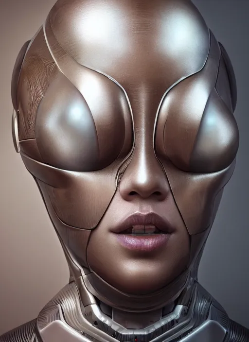 Image similar to beautiful portrait of an alien cyborg, style of Feng Zhu, Artstation geometric, aesthetic, big eyes, smooth skin, angelic, unique features, symmetrical, intricate crown, high fashion, streetwear, cyberpunk, detailed, octane render, cinematic, 8k, brown skin, retro sci fi film, Stanisław Szukalski + Moebius,