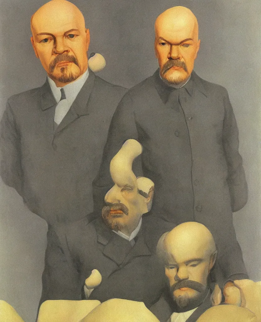 Prompt: The portrait of Vladimir Lenin as a humanoid fungi. Painted by Grant Wood