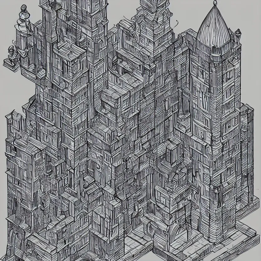 Image similar to isometric view of wizard's tower, lineart, 8 k