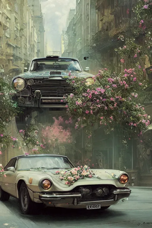 Prompt: ultra realistic illustration, old vintage car in the city with flowers blooming out the window, elegant, highly detailed, digital painting, concept art, smooth, sharp focus, illustration, art by greg rutkowski and alphonse mucha