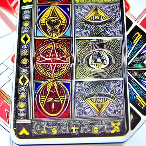 Image similar to full set of illuminati playing cards, tarot card design, product shot