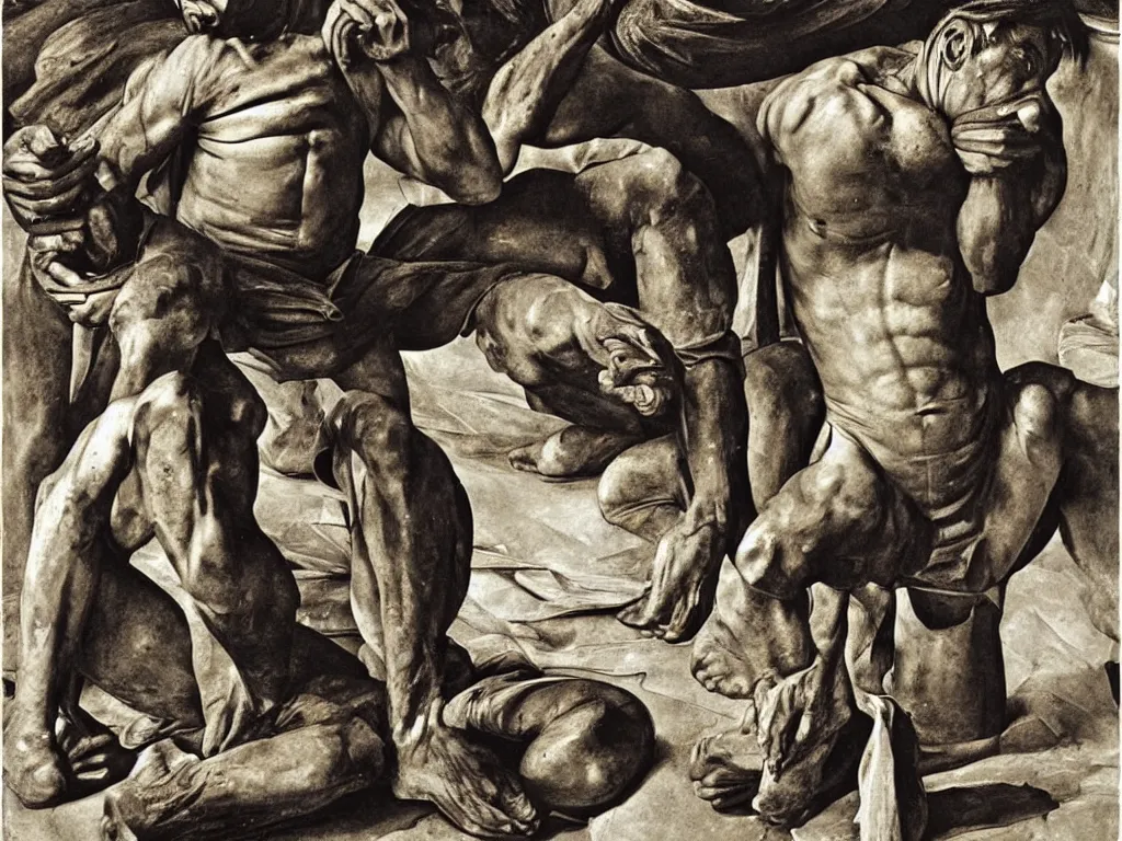 Image similar to The tired, sweaty, muscular worker of the gold mines. Painting by Caravaggio, Sebastiao Salgado