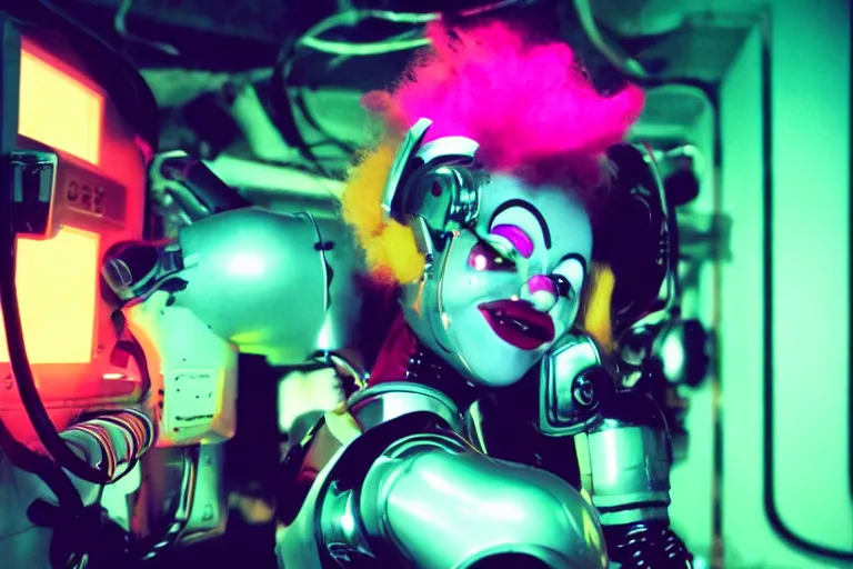 Prompt: cute robo - clowngirl in clowncore cyberspace, fractal, in 2 0 5 5, y 2 k cutecore clowncore, low - light photography, bathed in the glow of a crt monitor, still from a ridley scott movie