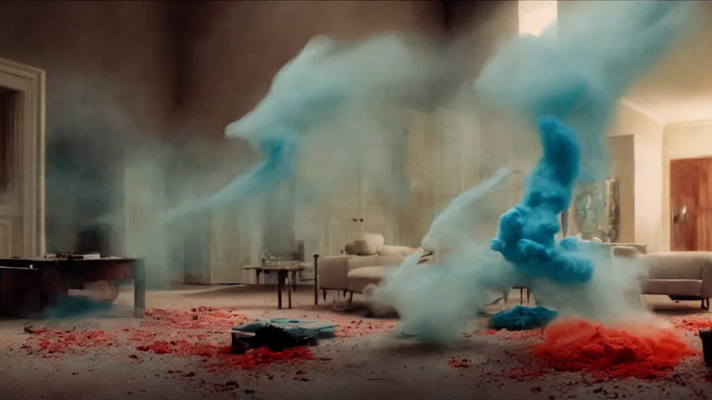 Image similar to colored powder explosion in the living room, film still from the movie directed by Denis Villeneuve with art direction by Salvador Dalí, wide lens