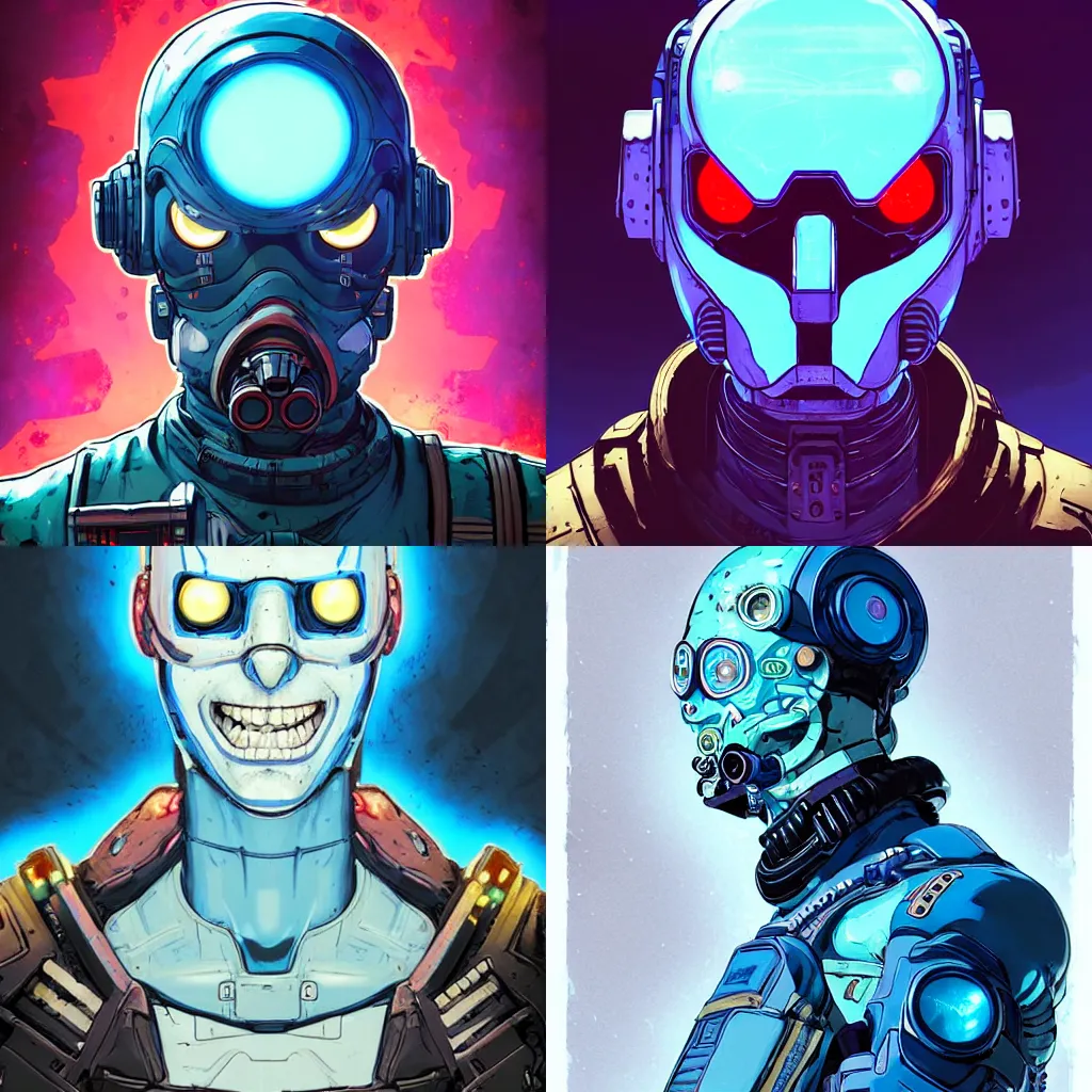 Prompt: cell shaded portrait of a cybernetic blue bald soldier with glowing blue eyes as Borderlands 3 concept art, llustration, post grunge, concept art by josan gonzales and wlop, by james jean, Victo ngai, David Rubín, Mike Mignola, Laurie Greasley, highly detailed, sharp focus,alien,Trending on Artstation, HQ, deviantart, art by artgem