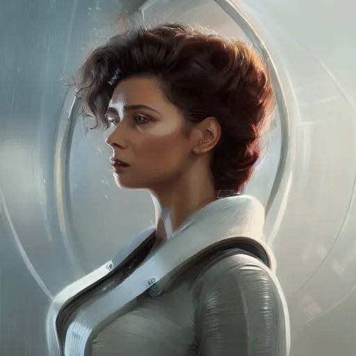 Image similar to Portrait of a woman by Greg Rutkowski, she is about 30 years old, mulato, wavy hair, attractive and beautiful, wifey material, she is wearing a futuristic lawyer outfit, highly detailed portrait, scifi, digital painting, artstation, concept art, smooth, sharp foccus ilustration, Artstation HQ