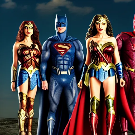 Image similar to gender swapped justice league, highly detailed, high quality, high resolution