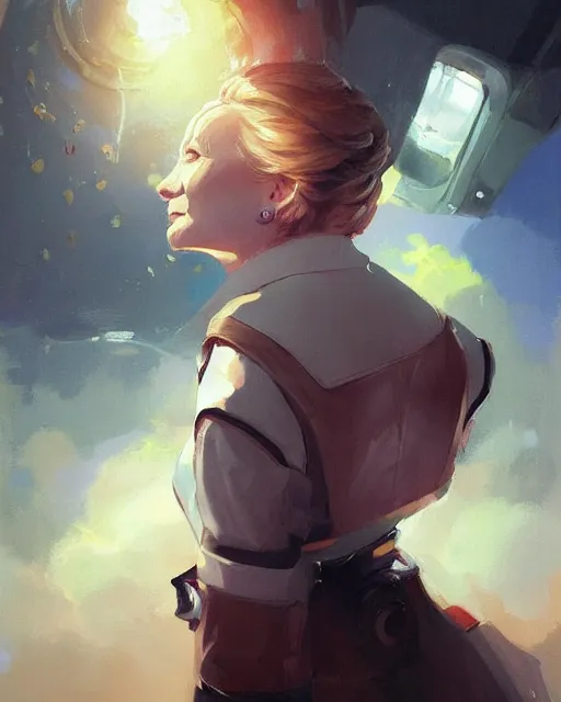 Prompt: hillary clinton in her 2 0's in a spaceship pilot dress, portrait, illustration, rim light, top light, perfectly shaded, spring time, slight overcast lighting, soft painting, art by krenz cushart and wenjun lin