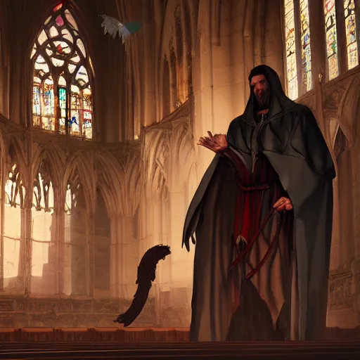 Image similar to angel protecting man who is praying inside a gothic church by Stanley Artgerm Lau, WLOP, Rossdraws, James Jean, Andrei Riabovitchev, Marc Simonetti, Yoshitaka Amano, ArtStation, CGSociety