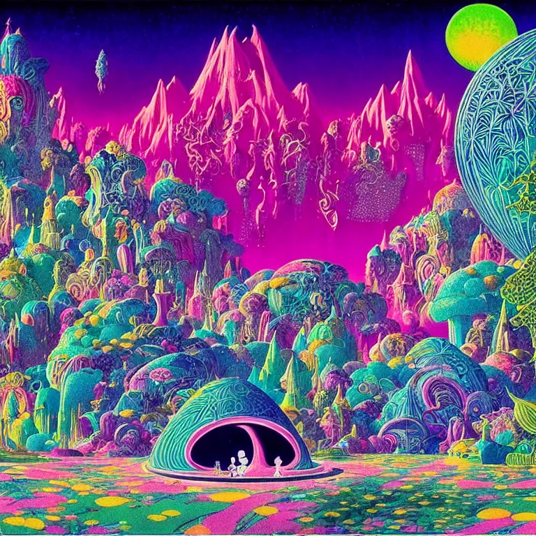 Prompt: mysterious ufo hovering over magical crystal temple, bright neon colors, highly detailed, cinematic, hiroo isono, eyvind earle, philippe druillet, roger dean, lisa frank, aubrey beardsley, ernst haeckel