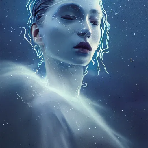 Prompt: sci - fi, close - up, 3 d, moon rays, night, sleepy fashion model face, clouds, cinematic, sun rays, vogue cover style, poster art, blue mood, realistic painting, intricate oil painting, high detail illustration, figurative art, multiple exposure, water, 3 d, by tooth wu and wlop and beeple and greg rutkowski