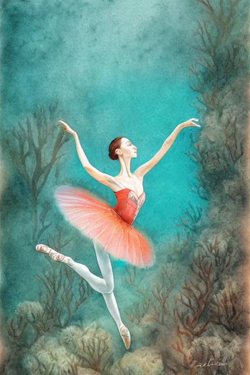 Prompt: ballerina alone at the bottom of the great barrier reef by jaques cousteau, digital art, smooth, focus, highly detailed, hyper realistic, watercolor