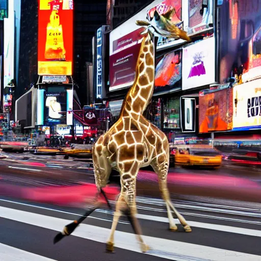 Image similar to a still of a giraffe stand in the intersection at times square. motion blur