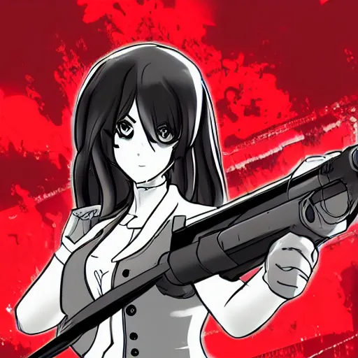 Prompt: woman standing holding large gun in cityscape, flooding, manga style, rwby, shonin jump, black and white, line art