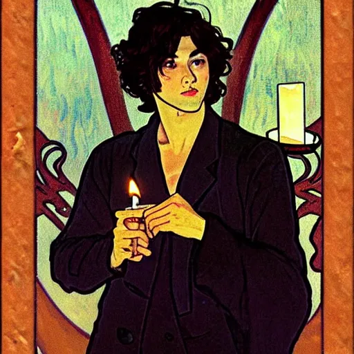 Image similar to painting of young cute handsome beautiful dark medium wavy hair man in his 2 0 s named shadow taehyung and cute handsome beautiful min - jun together at the halloween! party, bubbling cauldron!, candles!, smoke, autumn! colors, elegant, wearing suits!, delicate facial features, art by alphonse mucha, vincent van gogh, egon schiele