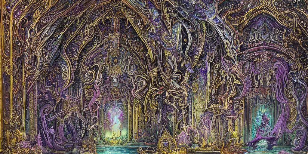 Prompt: rainbow paper + stunning massive ornately carved Nirvana portal at the end of golden stairs, fusion of thailand and gothic revival architecture, vintage detailed fantasy illustration painted by Dan Witz, Artgerm, Eldritch, John Howe + intricate ink illustration, ornate, highly detailed + digital painting + 4k + HDR + concept art, smooth, sharp focus, psychedelic black light style + symmetry + elden ring + trending on artstation