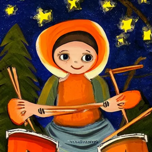 Image similar to a babushka playing drums and in a forest with stars in the sky over her head