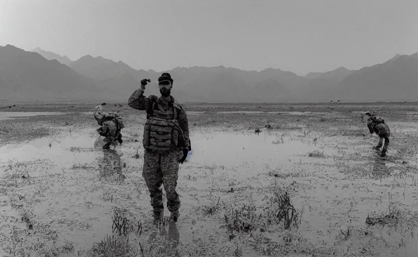 Image similar to Drake serving in a swamp in Afghanistan, film grain