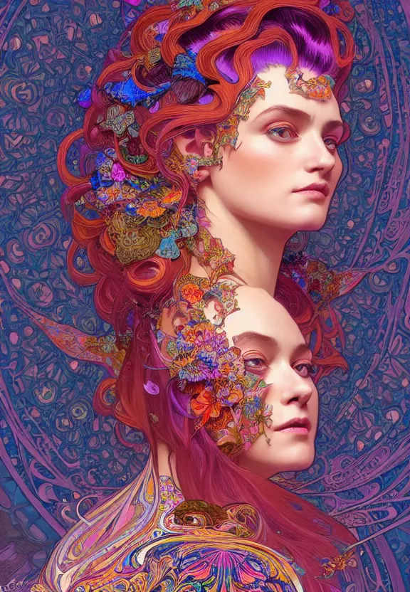 Image similar to portrait of a beautiful woman wearing a kaleidoscopic psychedelic dress, fantasy, intricate, elegant, highly detailed, digital painting, artstation, concept art, smooth, 8 k, sharp focus, illustration, art by artgerm and greg rutkowski and alphonse mucha