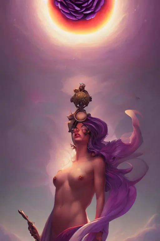 Prompt: the goddess of the sun by Peter mohrbacher, hyper realistic, octane render, stardust in atmosphere, black and purple rose petals , realistic hair, award winning artwork, trending on artstation, high quality printing, fine art with subtle redshift rendering