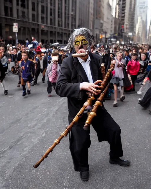 Image similar to mysterious man dressed as the pied piper of hamelin plays his cane pipe, as thousands of children march behind him thru the streets of downtown nyc, cinematic, supernatural, bokeh