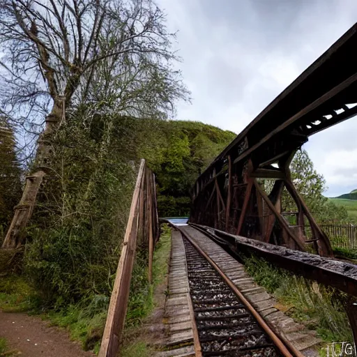 Prompt: 19th century locomotive crossing a wooden bridge, the bridge collapses behind it