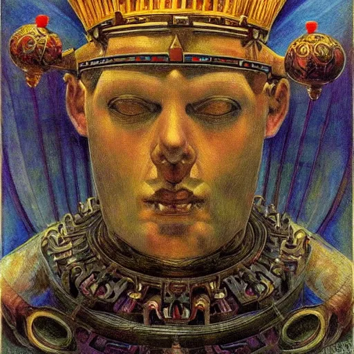 Image similar to the robot crown, by Annie Swynnerton and Diego Rivera , symbolist, dramatic lighting, elaborate geometric ornament, Art Brut, god rays, soft cool colors,smooth, sharp focus, extremely detailed, Adolf Wölfli and (Donato Giancola)