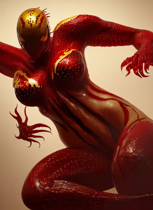 Image similar to female red and gold venom, naturel, hyper detailed, digital art, trending in artstation, cinematic lighting, studio quality, smooth render, unreal engine 5 rendered, octane rendered, art style by klimt and nixeu and ian sprigger and wlop and krenz cushart