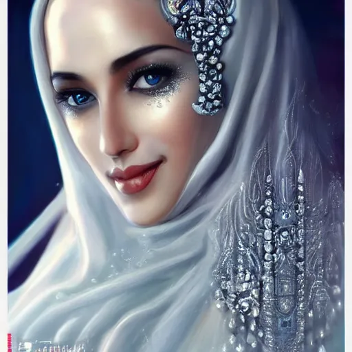 Prompt: a بعمم لاخيغ beautiful woman rهm amari wearing a hijab made of silver with jewelry and diamonds by karol bak, ayami kojima, artgerm, sakimichan, arabian beauty, blue eyes, smile, concept art, fantasy