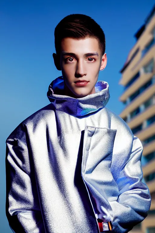 Image similar to un ultra high definition studio quality photographic art portrait of a young man standing on the rooftop of a british apartment building wearing soft baggy inflatable padded silver iridescent pearlescent clothing. three point light. extremely detailed. golden ratio, ray tracing, volumetric light, shallow depth of field. set dressed.