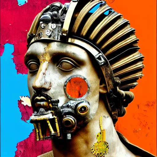 Image similar to steam punk roman god, contemporary collage, highly detailed, digital painting, 4 k, hdr, punk, fashion, smooth, sharp focus, art by nick knight, sandra chevrier and john hoyland